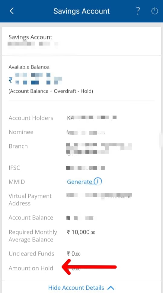 Hold Amount in HDFC Bank