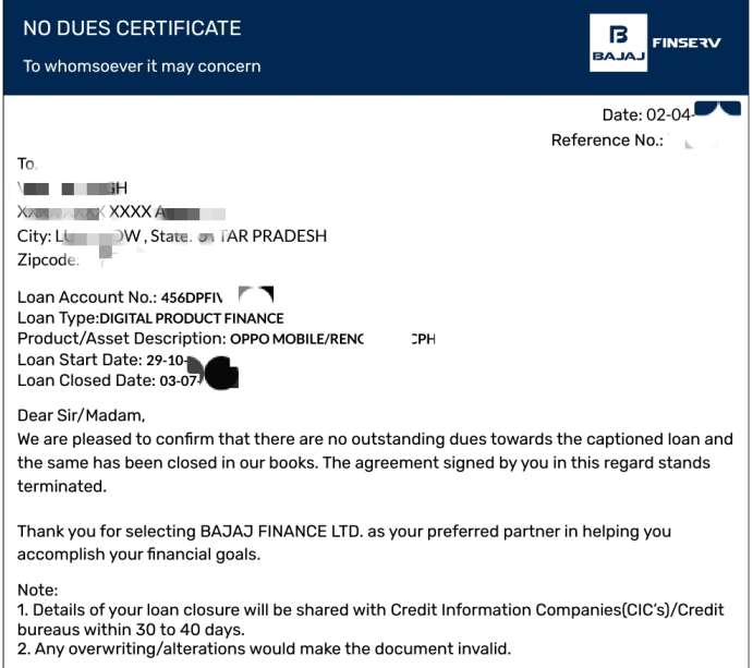 No Dues Certificate Bajaj Finance Download PDF 